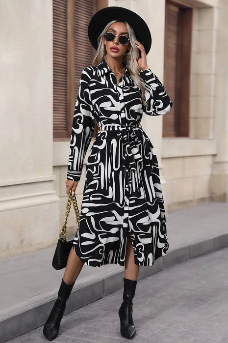 Perfee Printed Tie Front Collared Neck Slit Shirt Dress - MimiStylez
