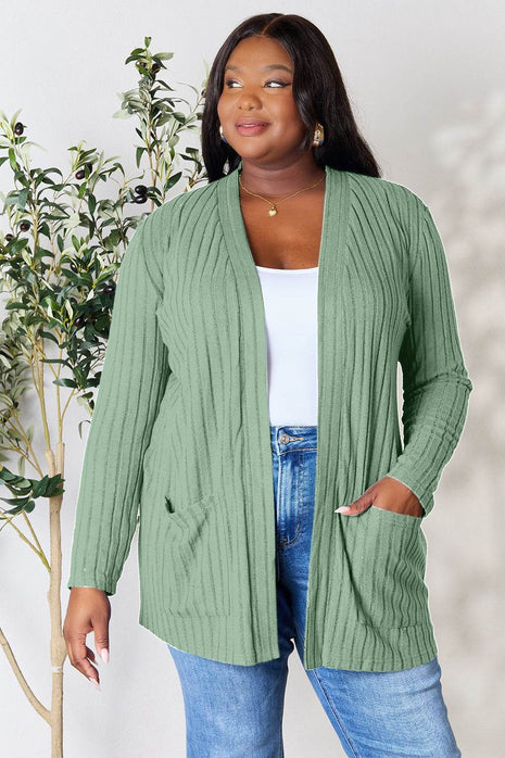 Basic Bae Full Size Ribbed Open Front Cardigan with Pockets - MimiStylez