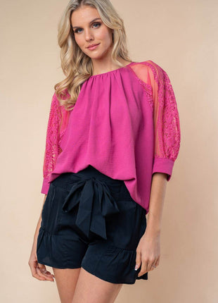 White Birch Round Neck Lace Half Sleeve Blouse - MimiStylez