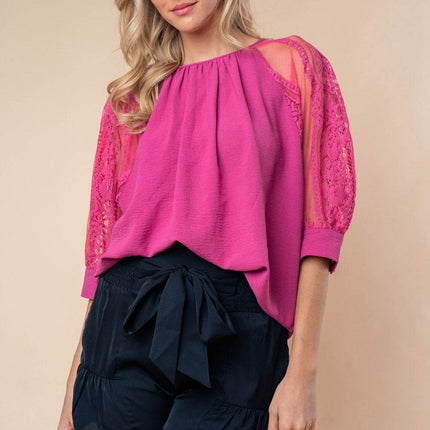 White Birch Round Neck Lace Half Sleeve Blouse - MimiStylez