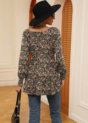 Printed V-Neck Lantern Sleeve Blouse - MimiStylez