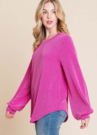 BOMBOM Long Sleeve Curved Hem Ribbed T-Shirt - MimiStylez