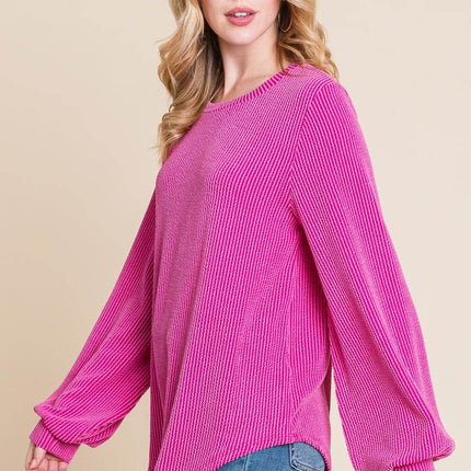 BOMBOM Long Sleeve Curved Hem Ribbed T-Shirt - MimiStylez