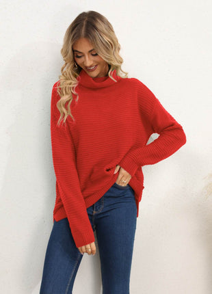 Slit Turtleneck Dropped Shoulder Sweater - MimiStylez