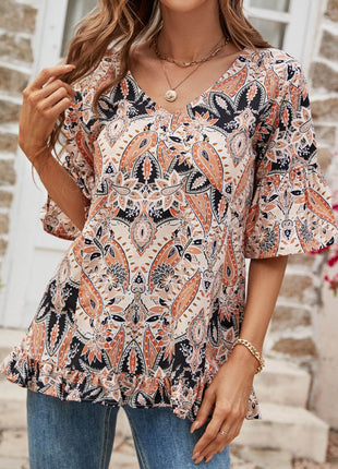 Printed Flounce Sleeve Ruffle Hem Blouse - MimiStylez
