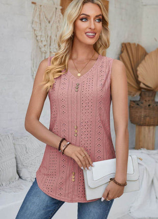 Eyelet Decorative Button V-Neck Tank - MimiStylez