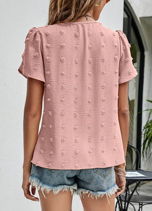 Swiss Dot Round Neck Petal Sleeve Top - MimiStylez
