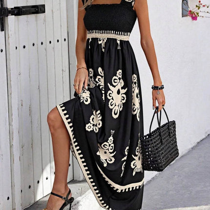 Smocked Printed Wide Strap Maxi Dress - MimiStylez