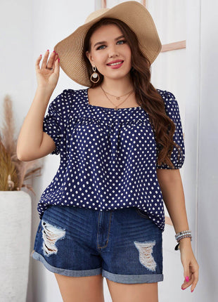Plus Size Polka Dot Square Neck Blouse - MimiStylez
