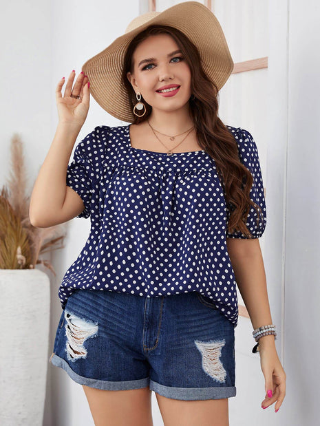 Plus Size Polka Dot Square Neck Blouse - MimiStylez