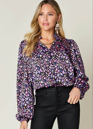 Double Take Full Size Printed Long Sleeve Blouse - MimiStylez