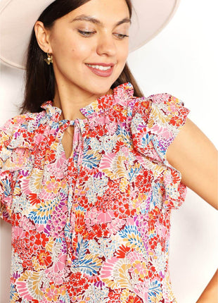 Double Take Floral Tie Neck Cap Sleeve Dress - MimiStylez