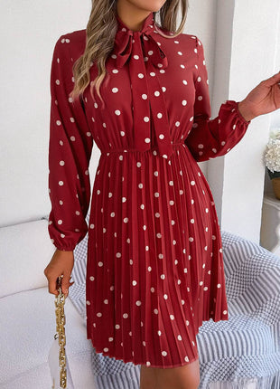Polka Dot Tie Neck Pleated Dress - MimiStylez