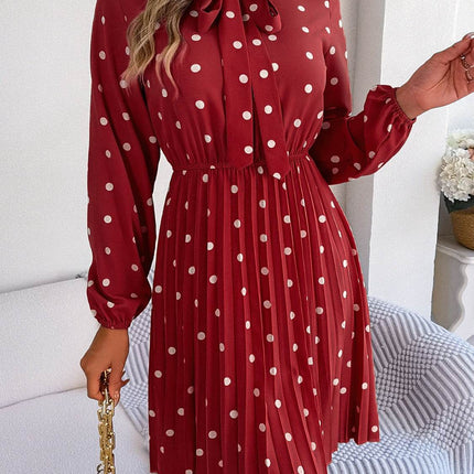 Polka Dot Tie Neck Pleated Dress - MimiStylez