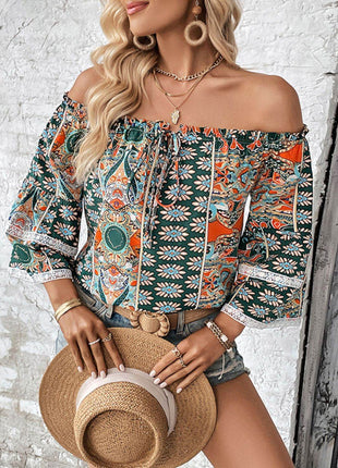Printed Frill Trim Off-Shoulder Blouse - MimiStylez