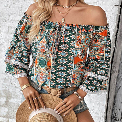 Printed Frill Trim Off-Shoulder Blouse - MimiStylez
