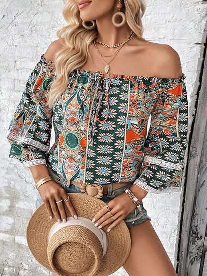 Printed Frill Trim Off-Shoulder Blouse - MimiStylez
