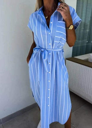 Striped Tie Waist Short Sleeve Dress - MimiStylez