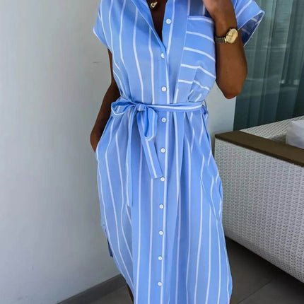 Striped Tie Waist Short Sleeve Dress - MimiStylez