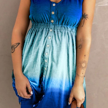 Double Take Scoop Neck Buttoned Sleeveless Magic Dress with Pockets - MimiStylez