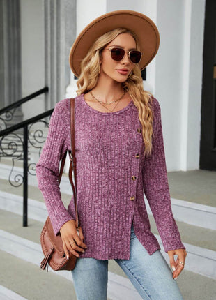 Buttoned Long Sleeve Slit Top - MimiStylez