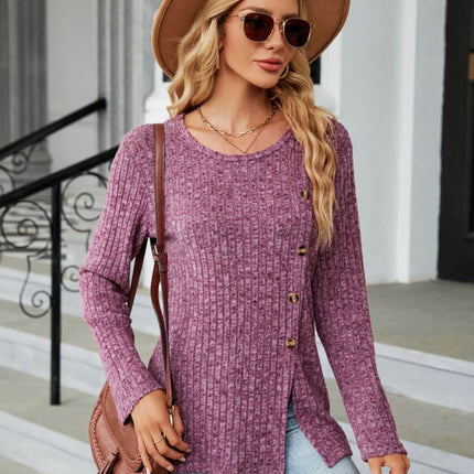 Buttoned Long Sleeve Slit Top - MimiStylez