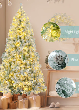6FT Flocked Pre Lit Christmas Tree - With Tree & Garland & Wreath. - Colored 8 Mode LED Lights and Pine Cones