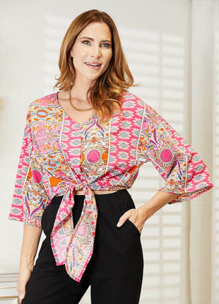 Tie Hem V-Neck Three-Quarter Sleeve Blouse - MimiStylez