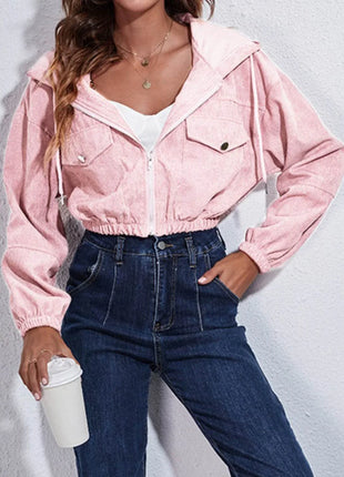 Drawstring Hooded Zip Up Jacket with Pockets - MimiStylez