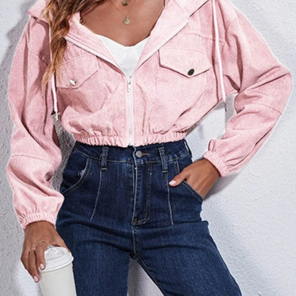 Drawstring Hooded Zip Up Jacket with Pockets - MimiStylez