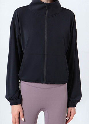 Drawstring Zip Up Dropped Shoulder Active Outerwear - MimiStylez