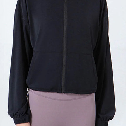 Drawstring Zip Up Dropped Shoulder Active Outerwear - MimiStylez
