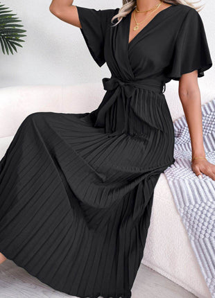 Pleated Flutter Sleeve Belted Dress - MimiStylez