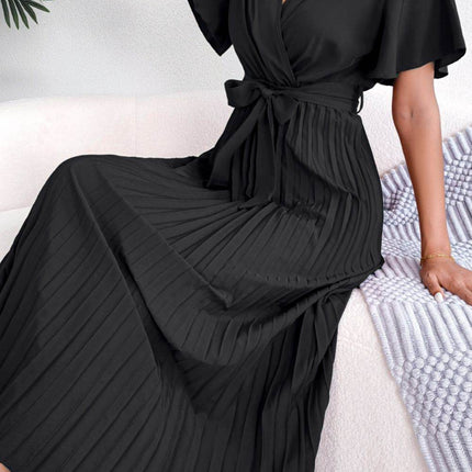 Pleated Flutter Sleeve Belted Dress - MimiStylez