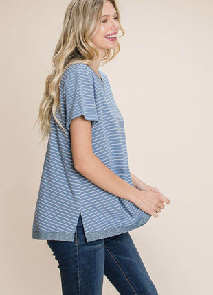 Cotton Bleu by Nu Lab Slit Striped Notched Short Sleeve T-Shirt - MimiStylez