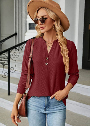 Notched Neck Long Sleeve Buttoned Blouse - MimiStylez