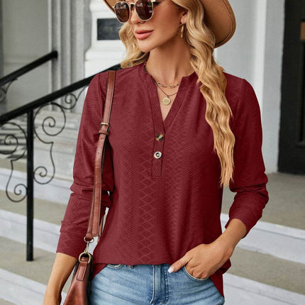 Notched Neck Long Sleeve Buttoned Blouse - MimiStylez