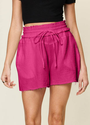 Double Take Full Size Texture Raw Trim Drawstring Shorts - MimiStylez