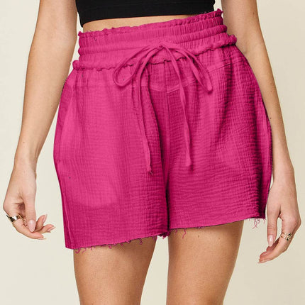 Double Take Full Size Texture Raw Trim Drawstring Shorts - MimiStylez