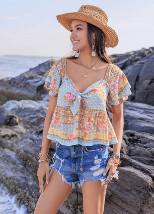 Printed Sweetheart Neck Layered Short Sleeve Blouse - MimiStylez