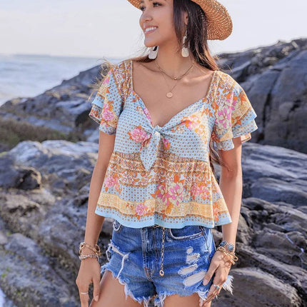 Printed Sweetheart Neck Layered Short Sleeve Blouse - MimiStylez