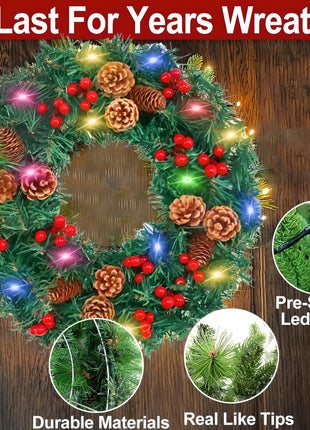 24 - Inch Christmas Wreath. Unlit, Yellow - Lit, Colorful - Lit Styles