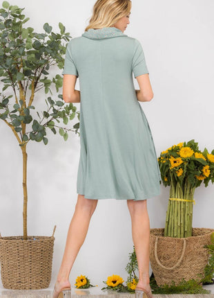 Celeste Full Size Decor Button Short Sleeve Dress with Pockets - MimiStylez