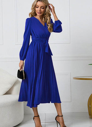 V-Neck Long Sleeve Tie Waist Midi Dress - MimiStylez