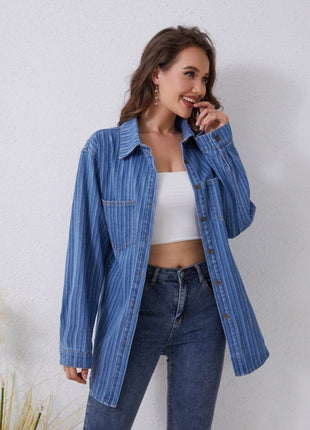 Pocketed Striped Button Up Denim Shirt - MimiStylez