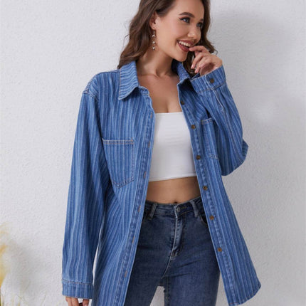 Pocketed Striped Button Up Denim Shirt - MimiStylez