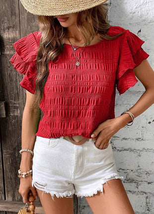 Round Neck Flounce Sleeve Blouse - MimiStylez