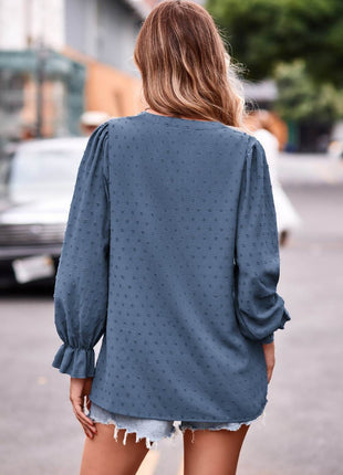 Swiss Dot Notched Neck Flounce Sleeve Blouse - MimiStylez