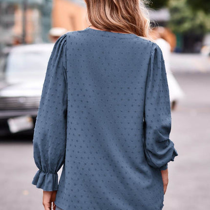 Swiss Dot Notched Neck Flounce Sleeve Blouse - MimiStylez