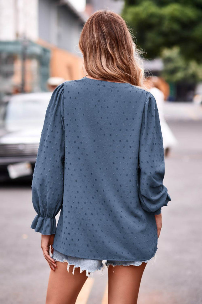 Swiss Dot Notched Neck Flounce Sleeve Blouse - MimiStylez